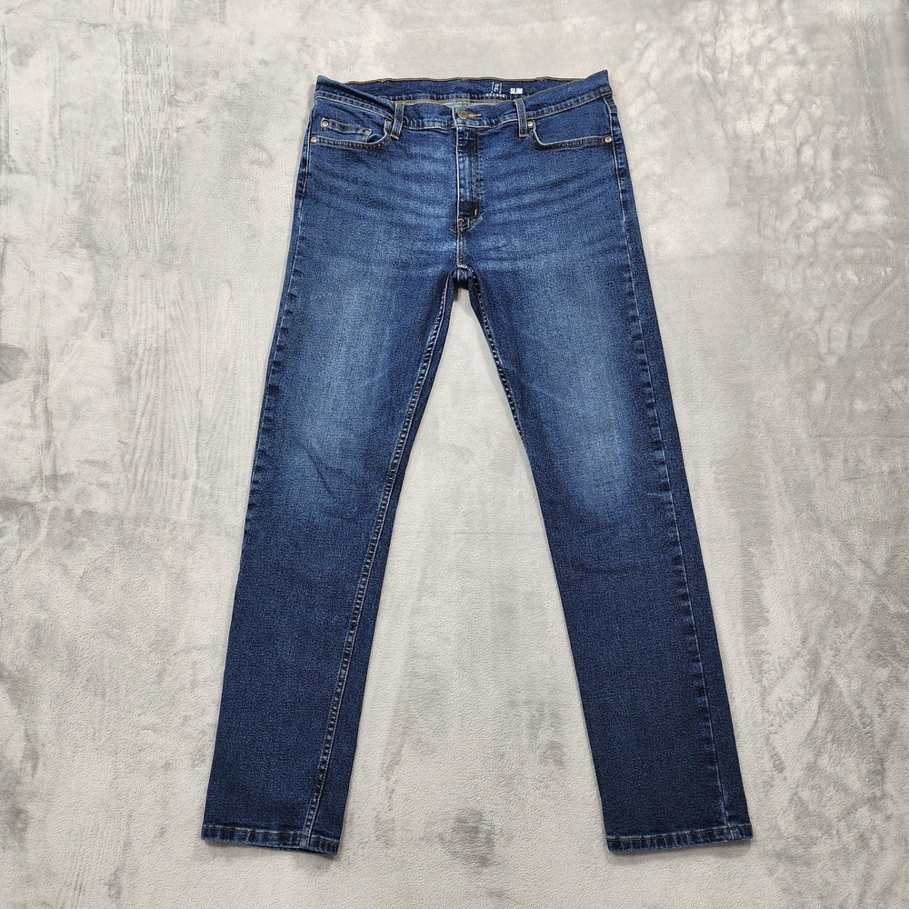 George Jeans Mens 36x32 Blue Dark Wash Slim Straight Stretch Denim Casual